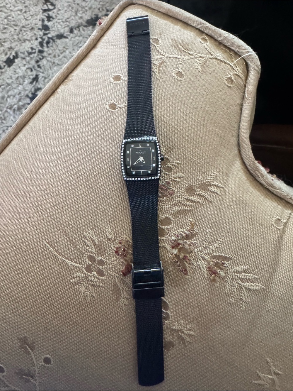 Skagen Black Mesh Strap Crystal Accent Square Watch- needs battery!